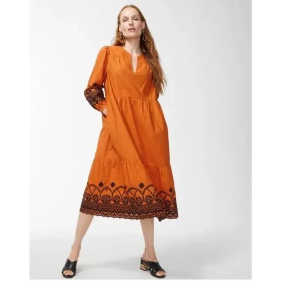 Chicos Poplin Embroidered Midi Dress Size 8 Orange Fall Boho Balloon Sleeves - Picture 1 of 11